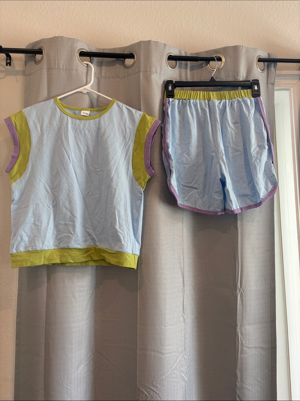 Girls Light Blue Tank & Shorts Matching Set with Lime and Lavender Trim